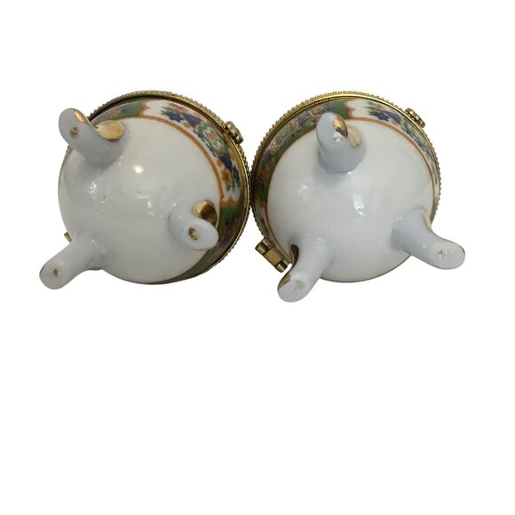 VTG Porcelain Egg Trinket Boxes Pair Floral Gilt Hinged Gold Tripod Stand 4" - Picture 7 of 10